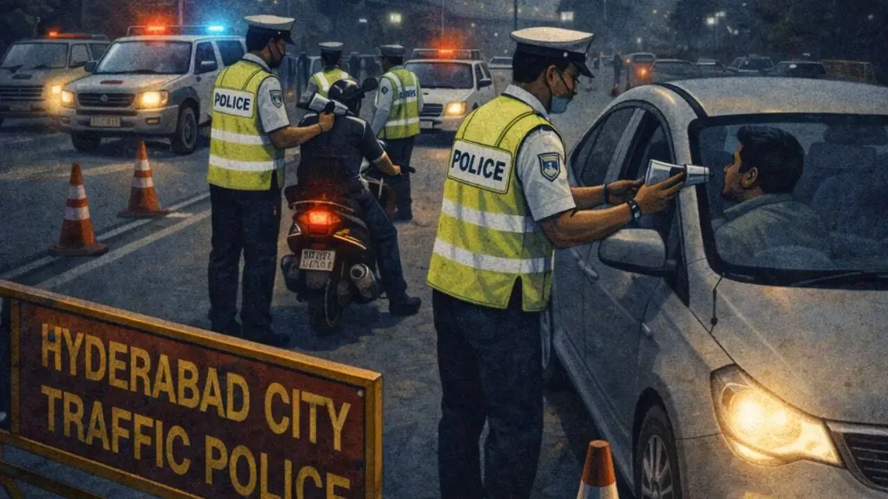 हैदराबाद में ड्रंक ड्राइविंग जांच करती ट्रैफिक पुलिस