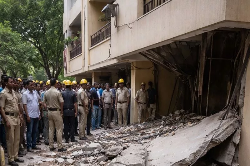 बेगमपेट में अपार्टमेंट स्लैब गिरने के बाद का दृश्य