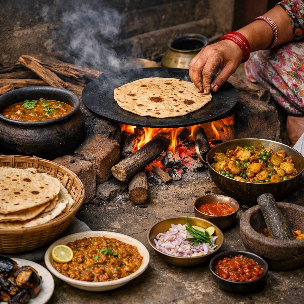 लकड़ी के चूल्हे पर बनता पारंपरिक भोजन