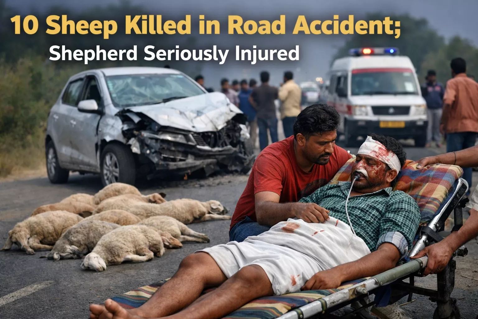 सड़क हादसे में भेड़ों का झुंड और घायल चरवाहा