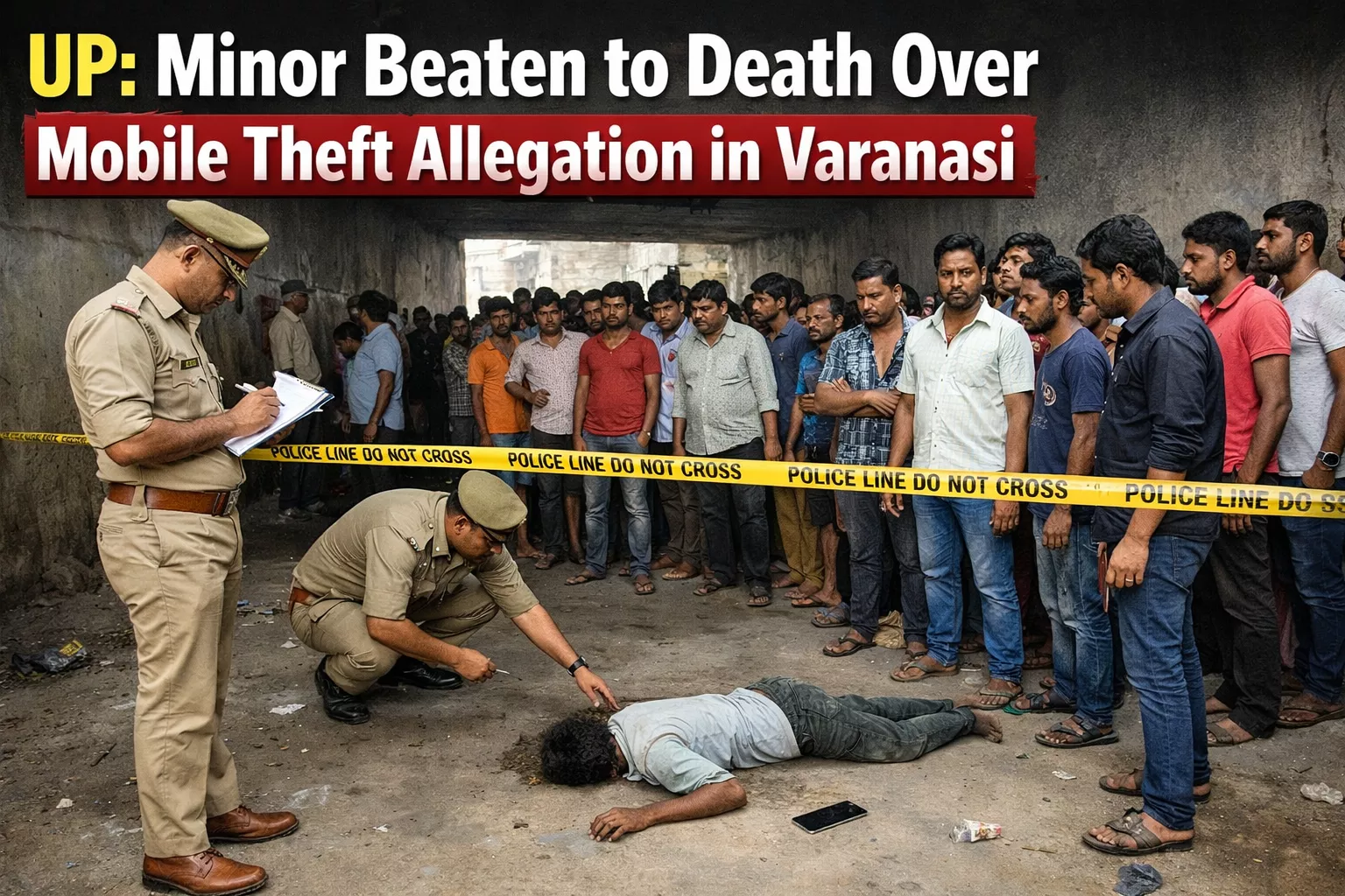 घटनास्थल पर जांच करती पुलिस और भीड़