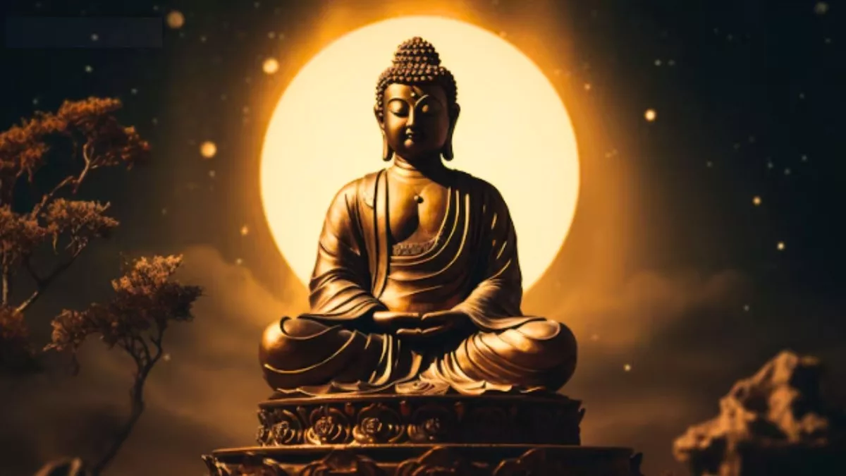 प्रभु महावीर की प्रतिमा के साथ शांति का प्रतीक दृश्य