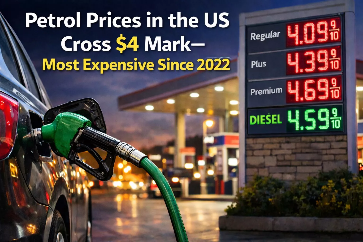 पेट्रोल पंप पर बढ़ती कीमतों का संकेत देता दृश्य