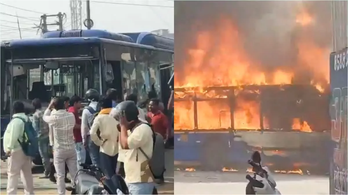 नांगलोई में डीटीसी बस दुर्घटना, भीड़ ने बस में लगाई आग