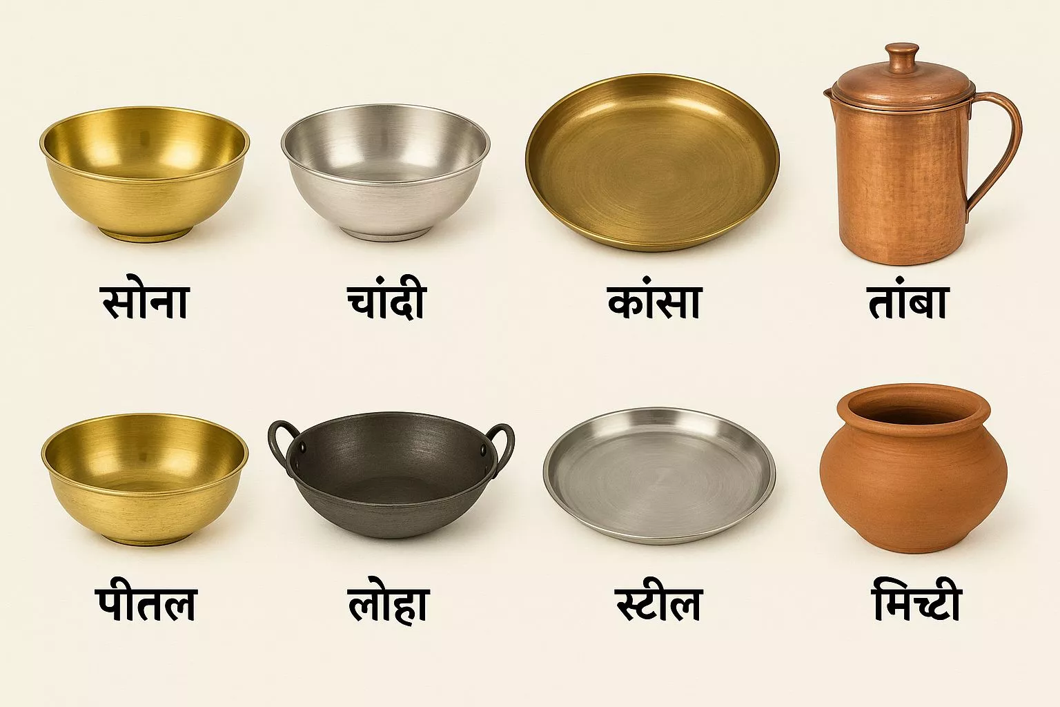 रसोई में रखे अल्युमीनियम और स्टील के बर्तन