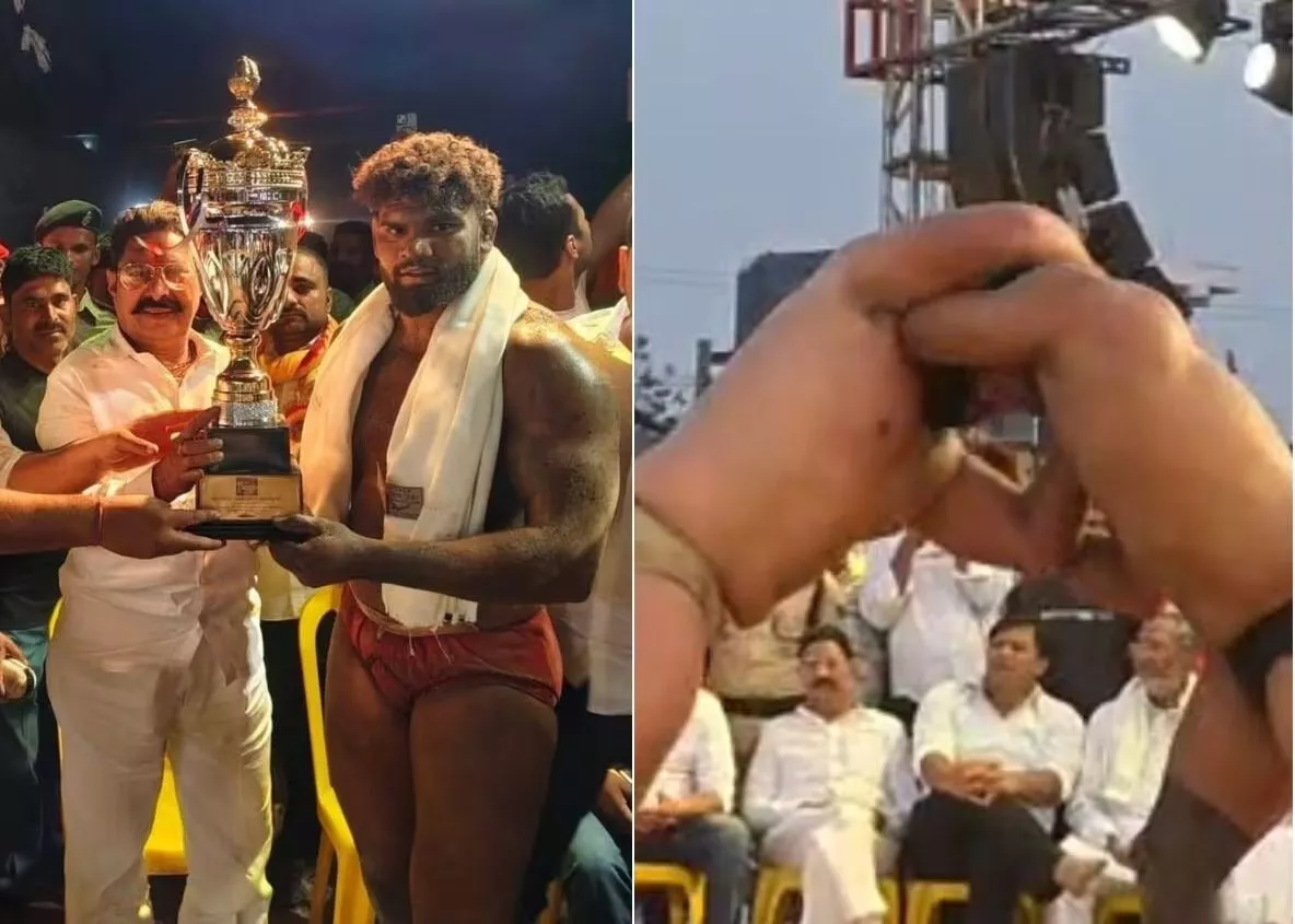 लदमा गांव में महा दंगल में पहलवान मुकाबला करते हुए