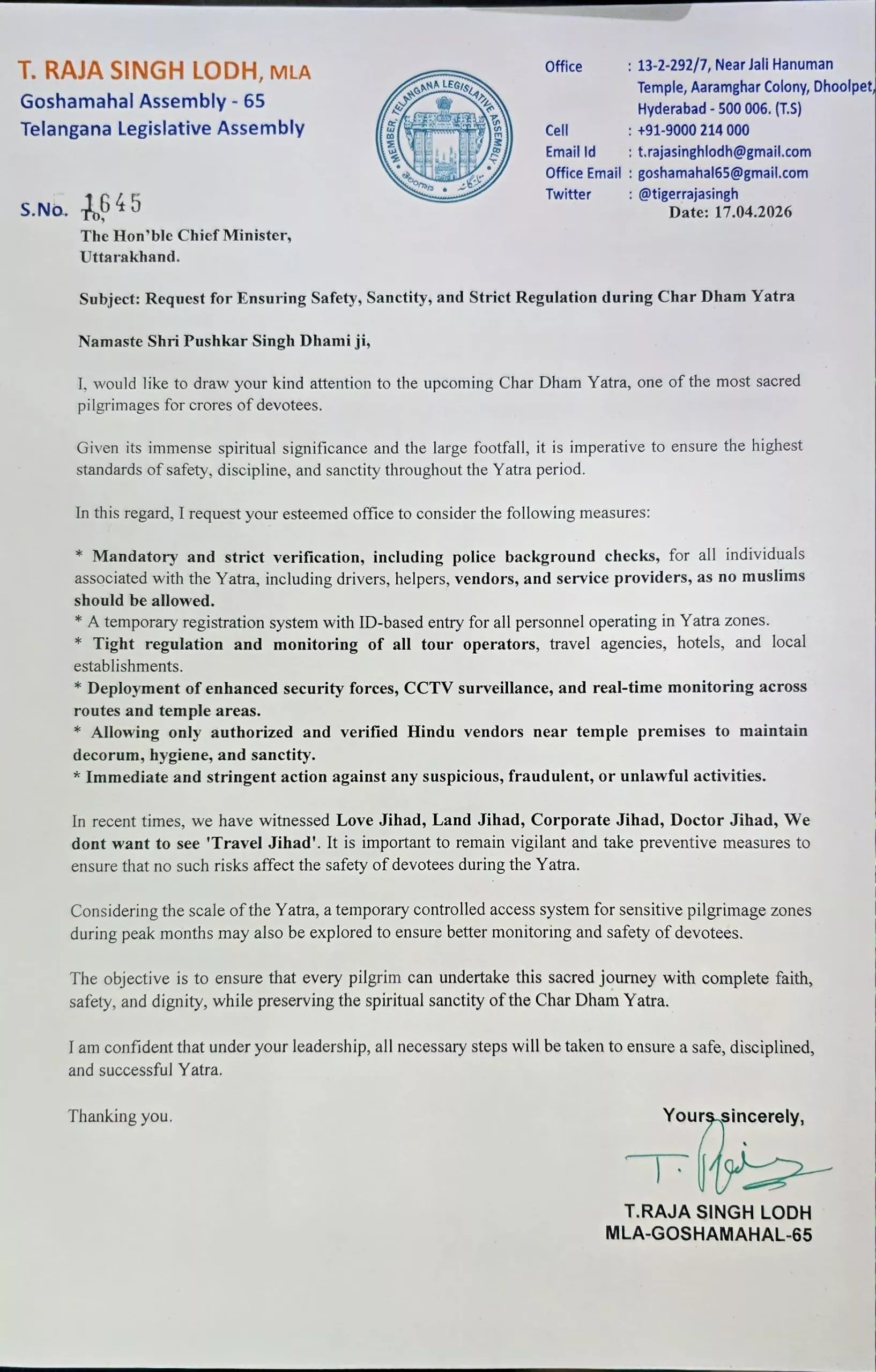चार धाम यात्रा सुरक्षा को लेकर लिखा गया पत्र
