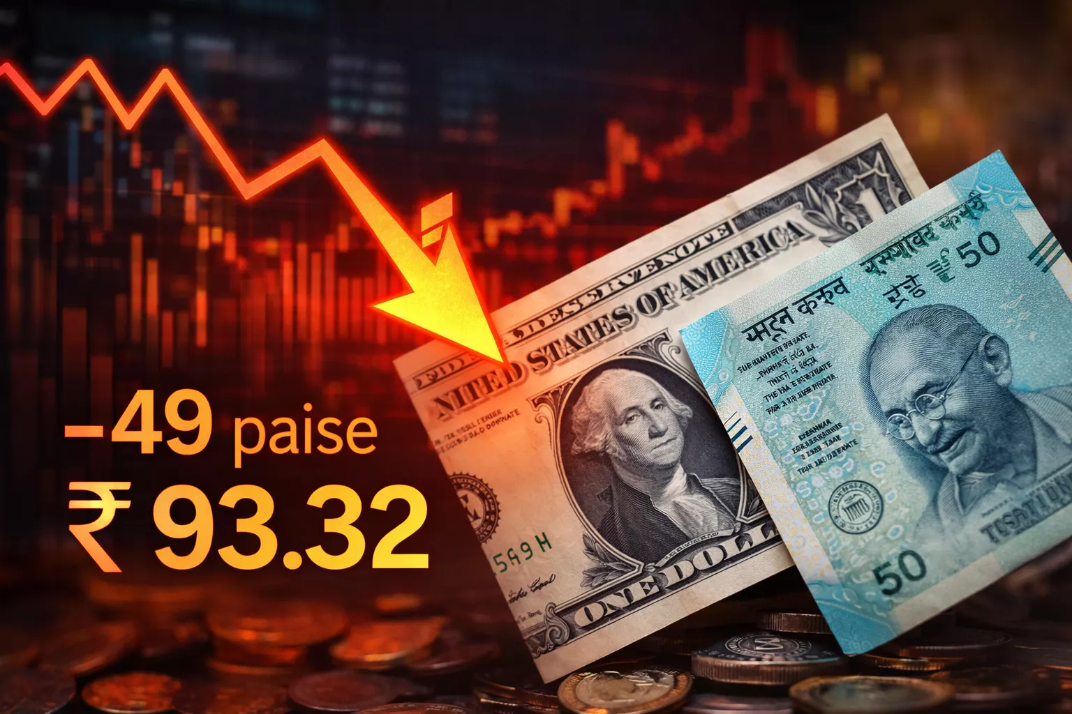 डॉलर के मुकाबले गिरता भारतीय रुपया दिखाता ग्राफ