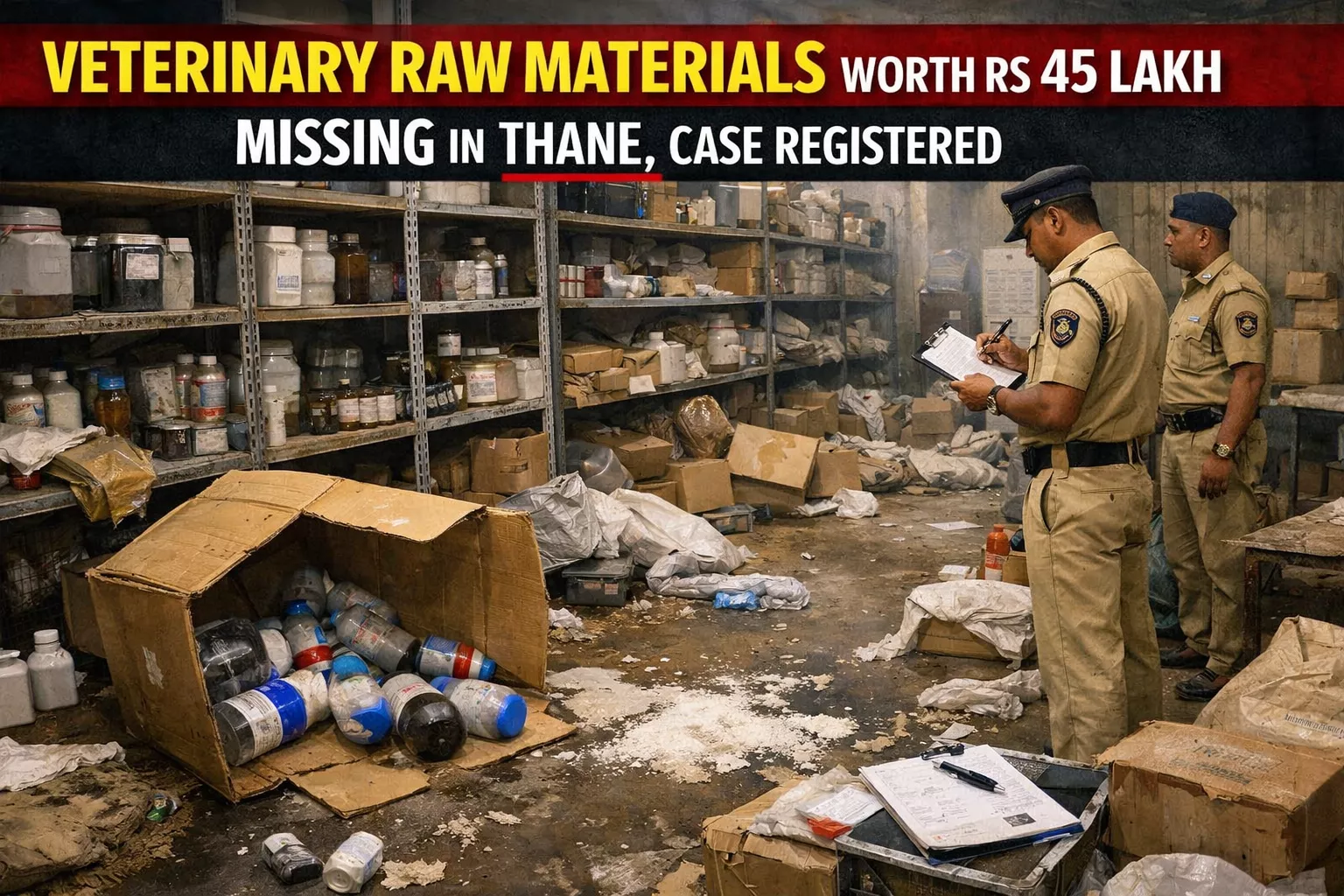 ठाणे में पशु दवा कच्चा माल चोरी का दृश्य