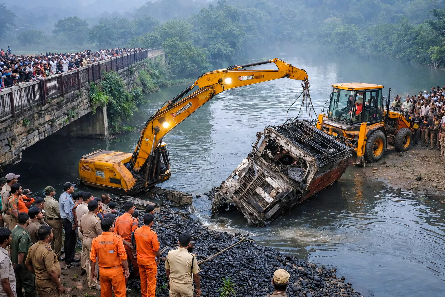 नदी में गिरे ट्रक को निकालती बचाव टीम