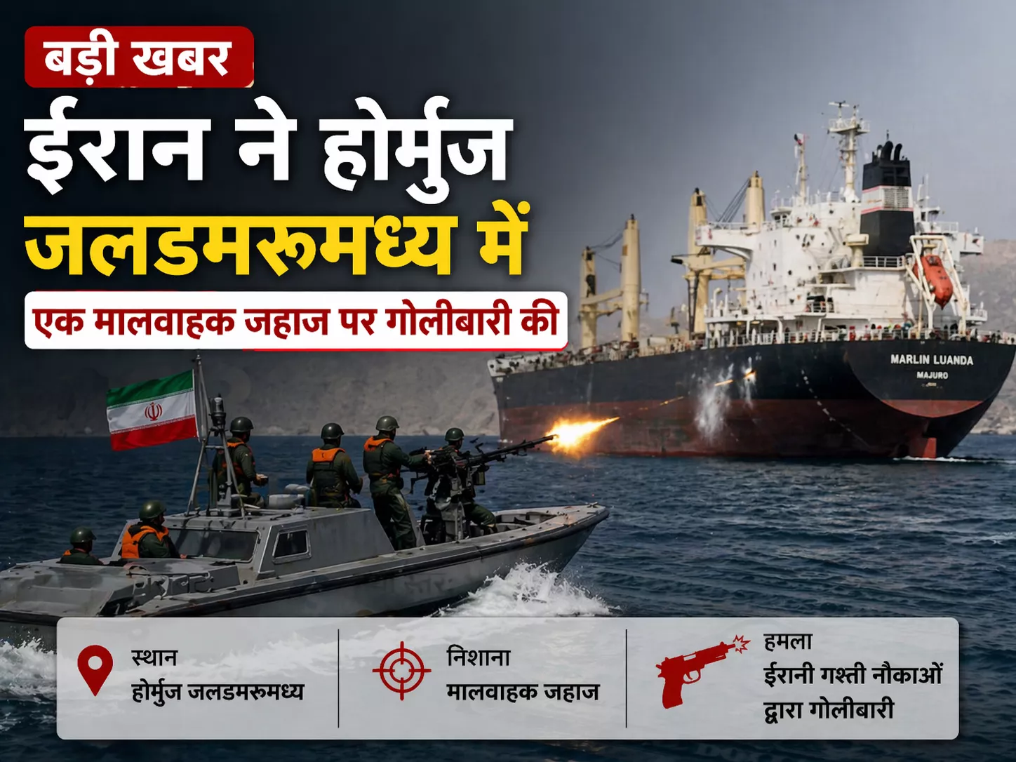 ईरान ने की होर्मुज जलडमरूमध्य में एक मालवाहक जहाज पर गोलीबारी