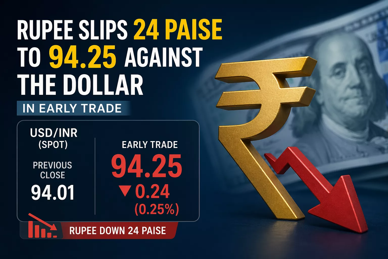 डॉलर के मुकाबले रुपया गिरकर 94.25 पर