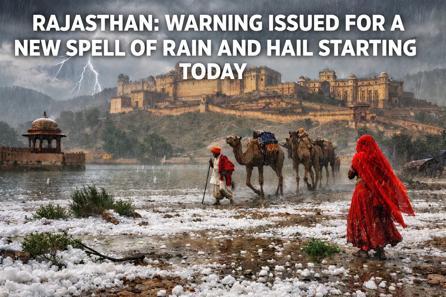 राजस्थान में ओलावृष्टि और बारिश का दृश्य