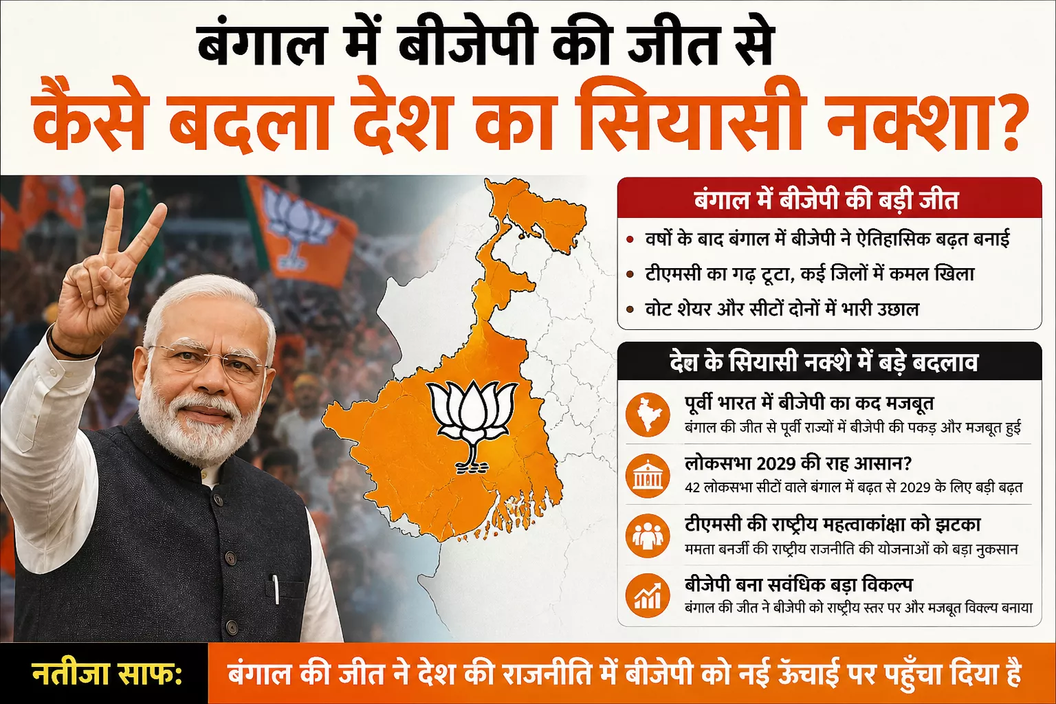 बंगाल में BJP की जीत से देश की राजनीति में बड़ा बदलाव। जानें कैसे बदला सियासी समीकरण और क्या होगा इसका असर।