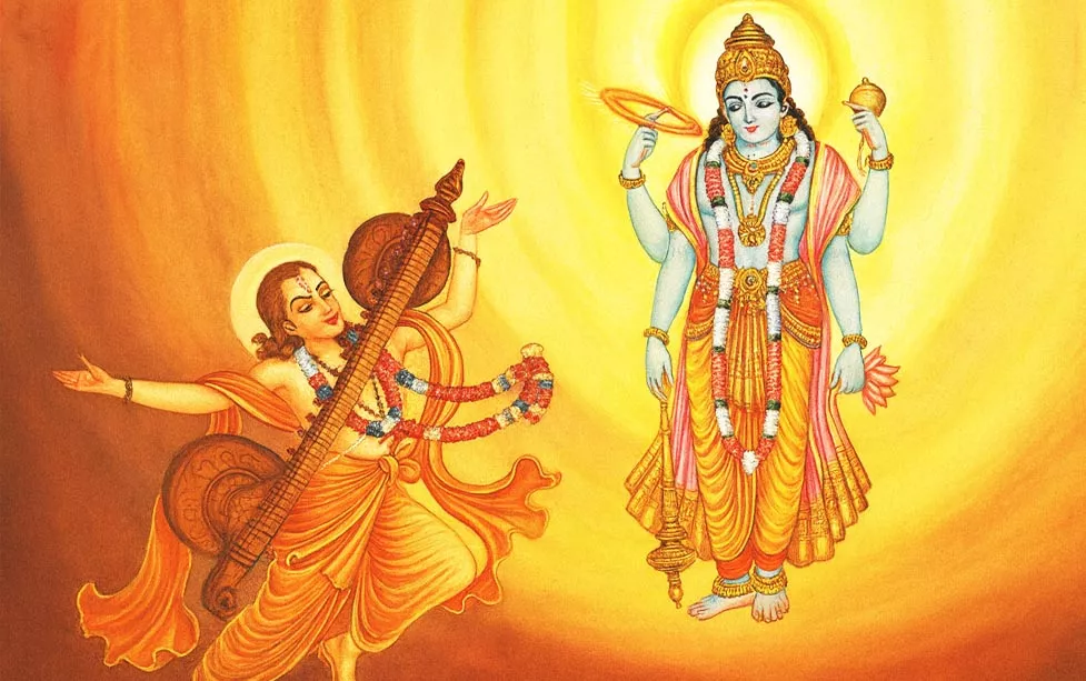नारद मुनि और भगवान विष्णु की आराधना का दृश्य