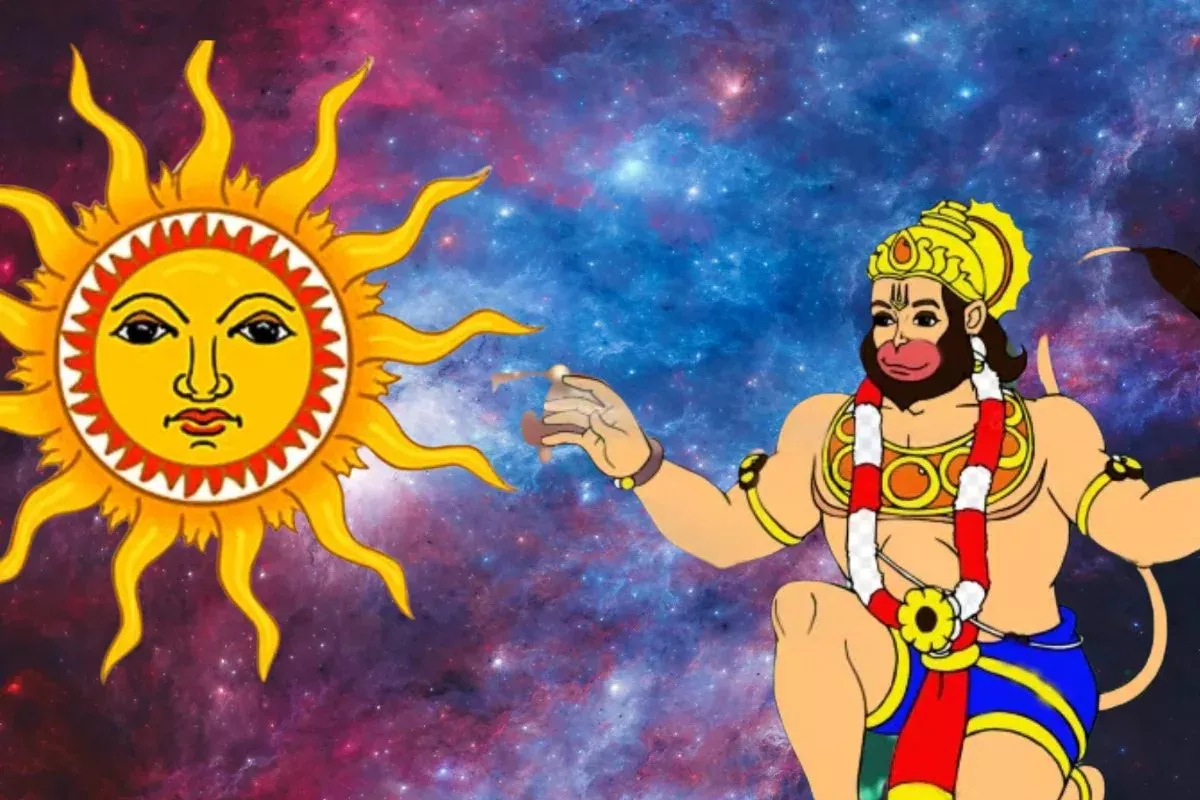 ज्येष्ठ मास में सूर्य और हनुमान पूजा का दृश्य